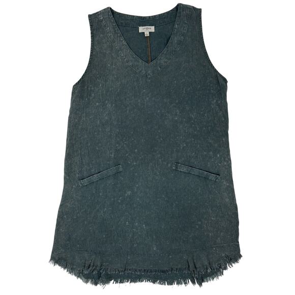 Umgee USA Denim Look Sleeveless Shift Dress Women's Large Frayed Hem Pockets - Picture 2 of 5